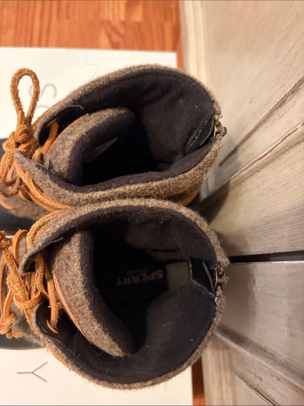Sperry Brown Wool Upper Black Rubber Duck Boots with Tan Laces